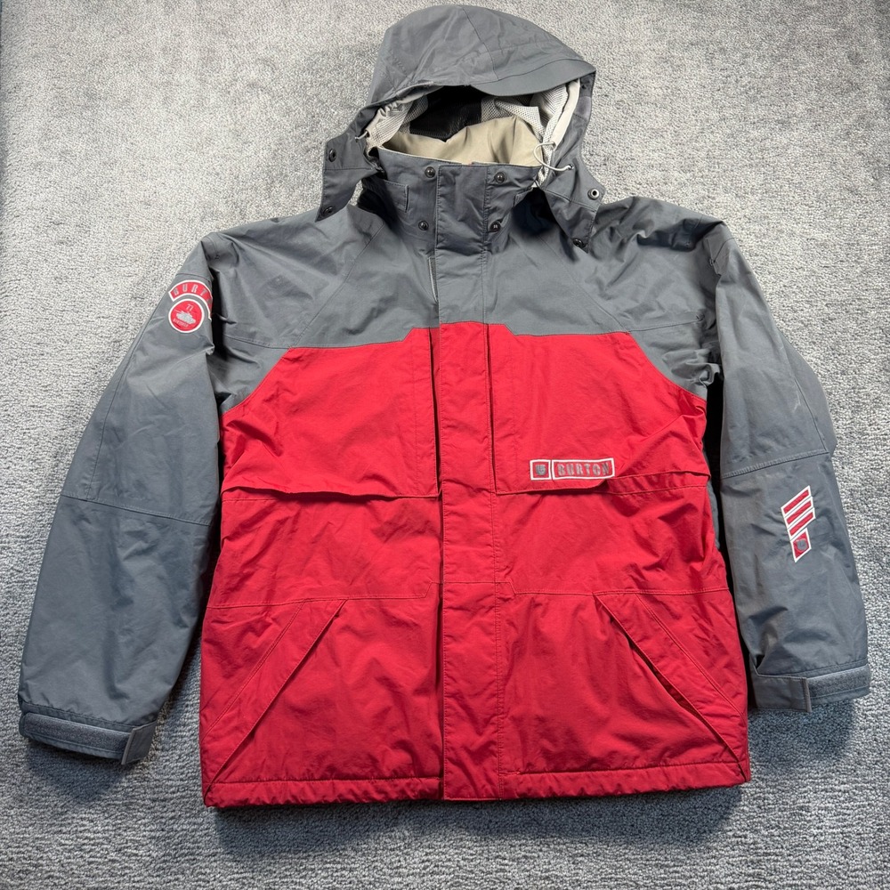 Burton Mens Snowboard Jacket Red Grey Colorblock Hooded Ski Coat Large Liner